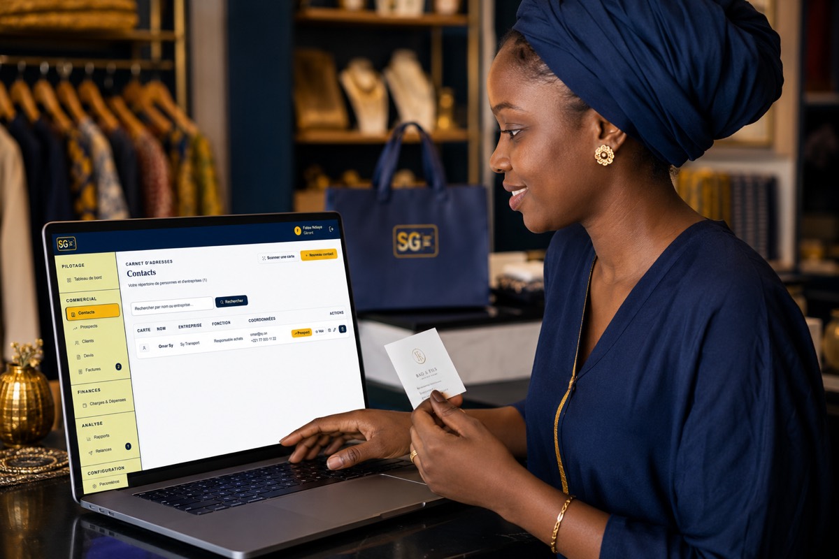 Une commerçante ajoute un contact depuis une carte de visite