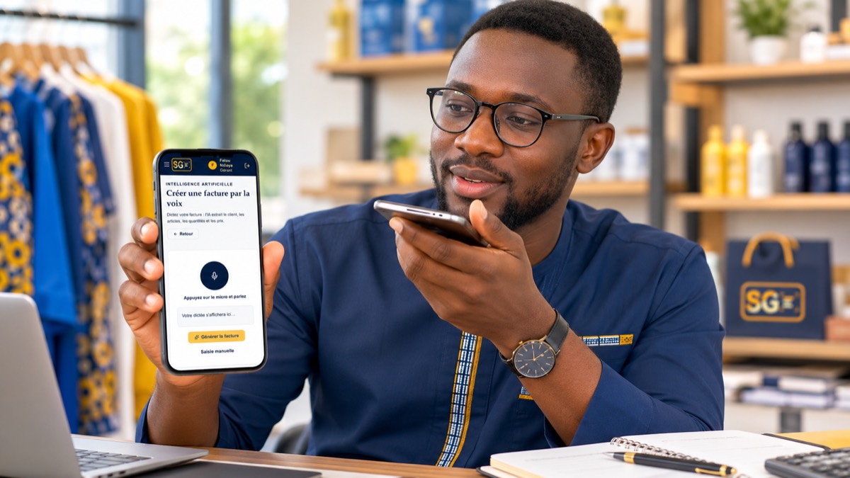 Un gérant crée une facture par la voix sur son téléphone